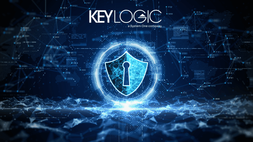 A shield with a key hole against a digital abstract background