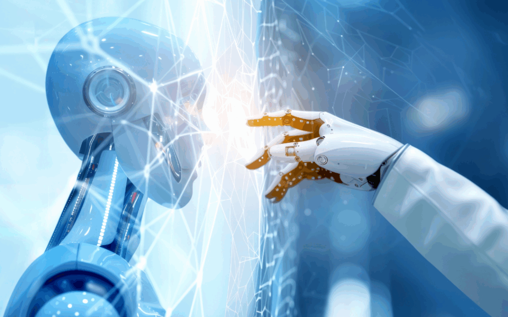 A robot hand pointing to a digital robot.